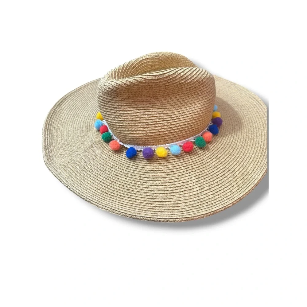 Sun N Sand Straw Sun Hat Tan Rainbow Pom Pom Palm Tree Charm Wide Brim Fedora